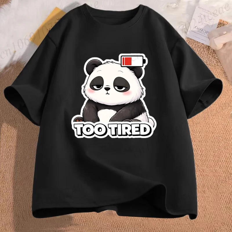 Too Tired Lazy Panda Design Vintage T-shirt for Men Women Low Battery Personalized Print Tee Shirts Aesthetic Streetwear Tops