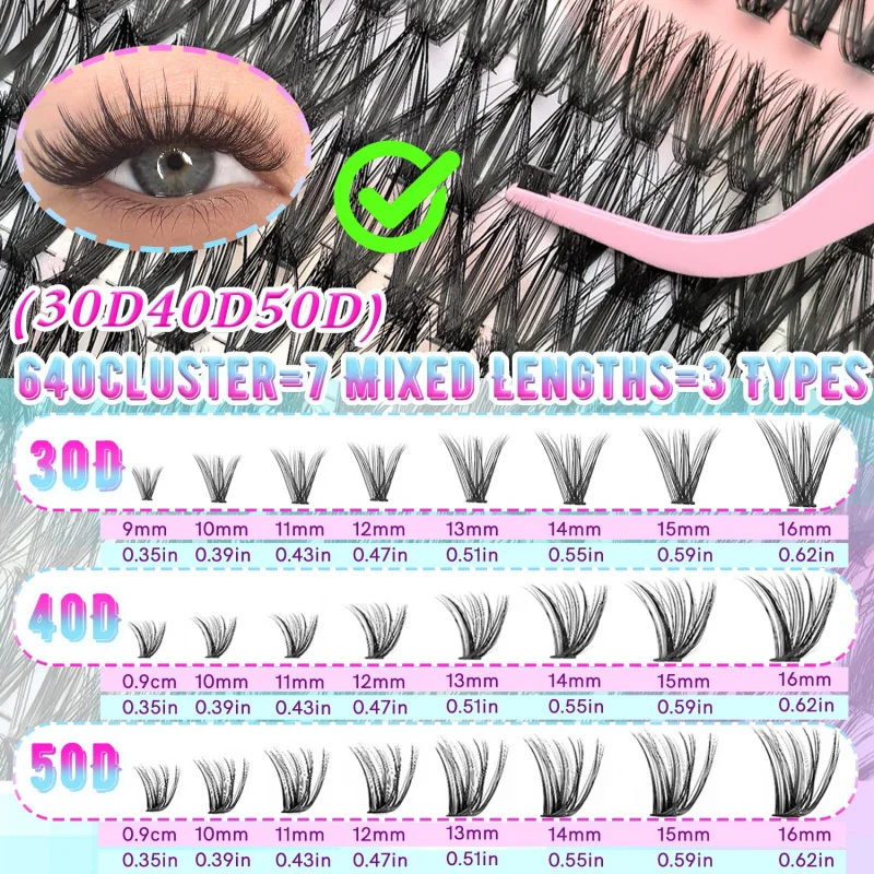 640個入りDIYまつげエクステキット - 9-16mmミックス30D、40D、50Dつけまつげ、接着剤とピンセット付き、再利用可能、簡単に装着可能