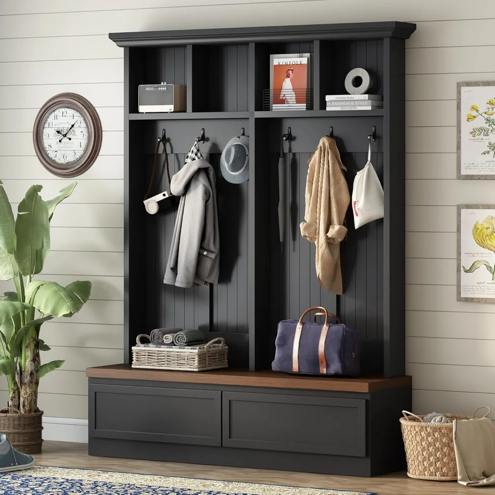 

Wooden 4-in-1 Hall Tree with 2 Large Drawers, Farmhouse Coat Rack Organizer with 6 Black Hooks, Brown Wood Grain Bench Shoe