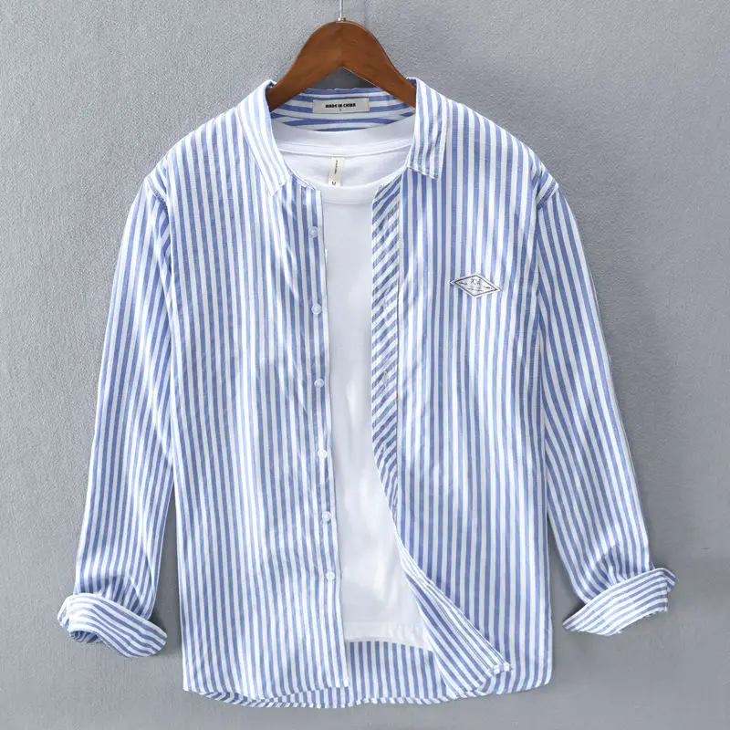 Elegancka moda Harajuku Slim Fit Ropa Hombre Loose Casual Sport All Match Odzież wierzchnia Square Neck Button Stripe Long Sleeve Blusa