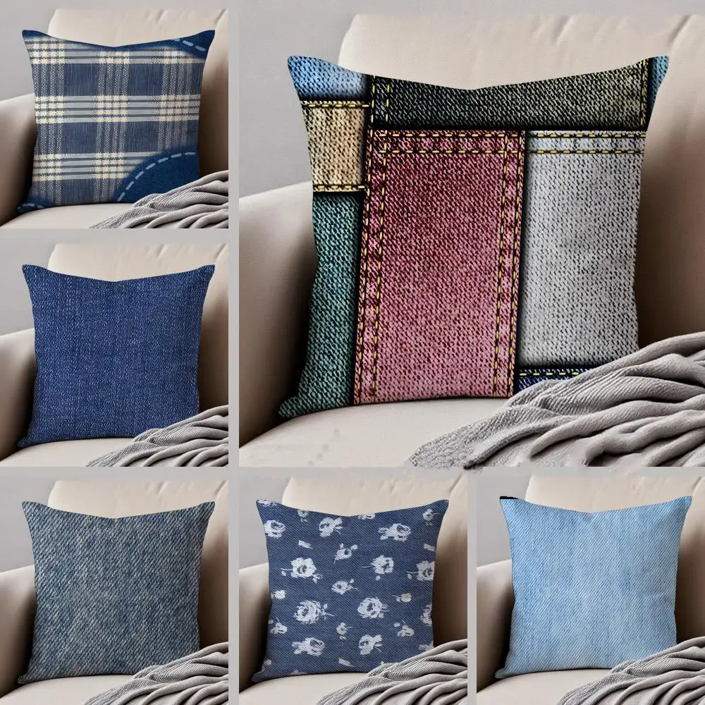 Vintage Denim Pattern Pillow Workwear Cushion Cover Throw Pillow Cover Hidden Button Durable Polyester Chair Cushion