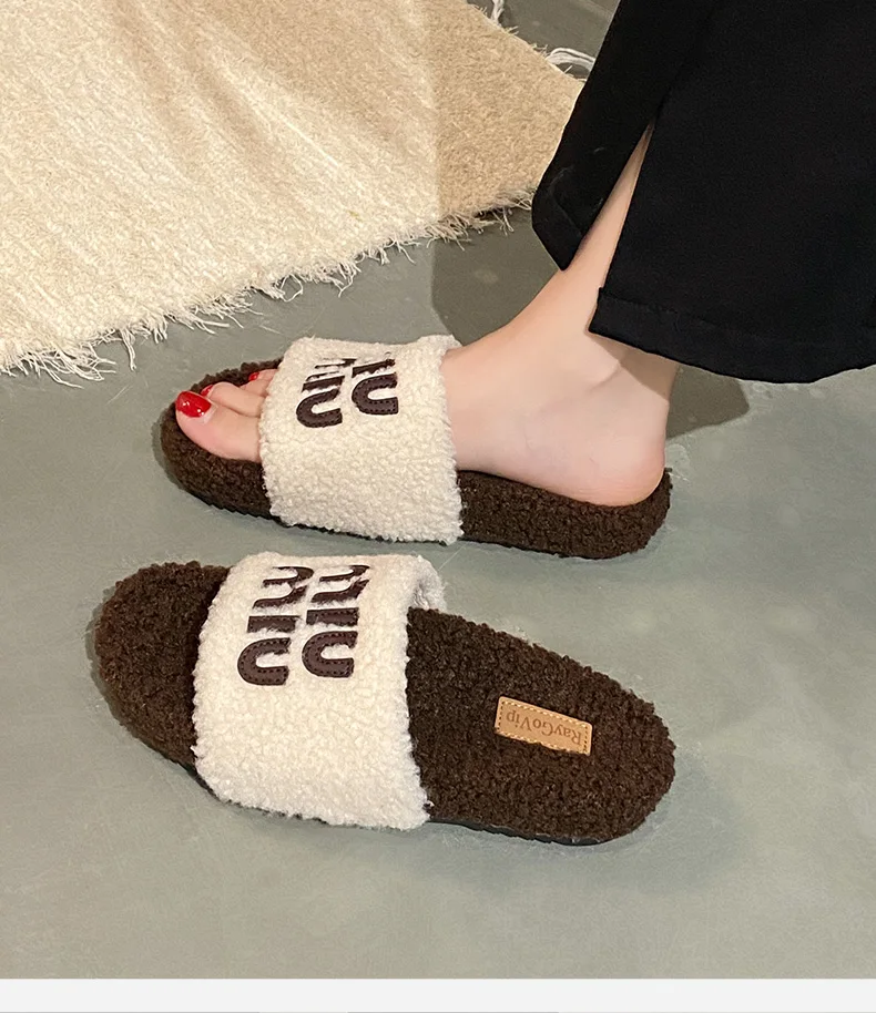 Thick-soled Wool Slippers 2024 Autumn and Winter New Alphabet Color-blocked Lambswool Home Cotton Slippers Women