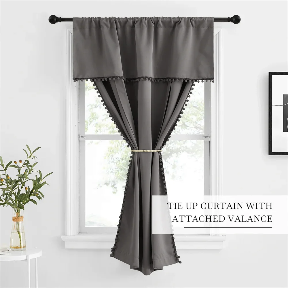 RYBHOME Tie Up Shade Rod Pocket Blackout Curtain with Small Ball Modern European and American Style for Kitchen Small Window