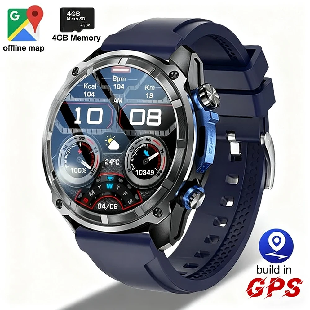

2025 Новые военные умные часы с аккумулятором 860 мАч, GPS-компас, 10 АТМ, водонепроницаемые, тактические, спортивные, 4 ГБ памяти, BT-вызовы, умные часы для мужчин