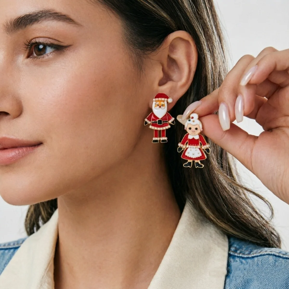 Kreative asymmetrische Ohrstecker mit Weihnachtsmann und Weihnachtsfrau mit langen Beinen für Damen, Imitationsperlen, Weihnachtsfiguren-Ohrringe, Schmuck – Detail 18