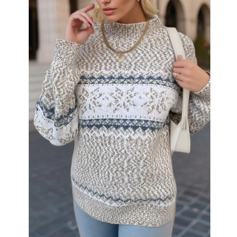 Fall Winter Christmas Sweater Half High Round Neck Snowflake Pattern Knitter Long Sleeve Women Knit Pullover