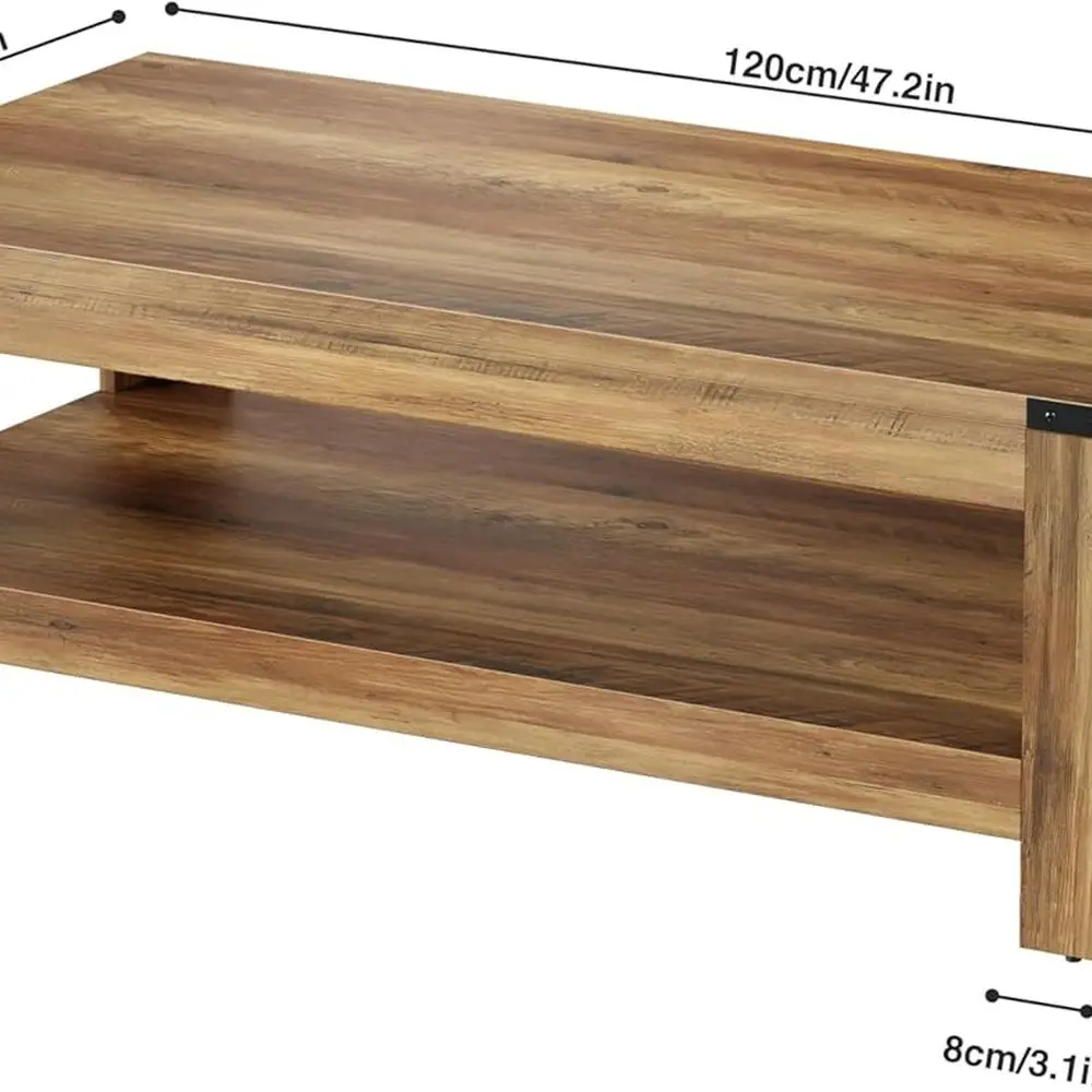 Modern Rustic 47.2 Farmhouse Coffee Table with Storage, Rectangular Living Room Centerpiece, 2-Tier Industrial-Style Cocktail Ta