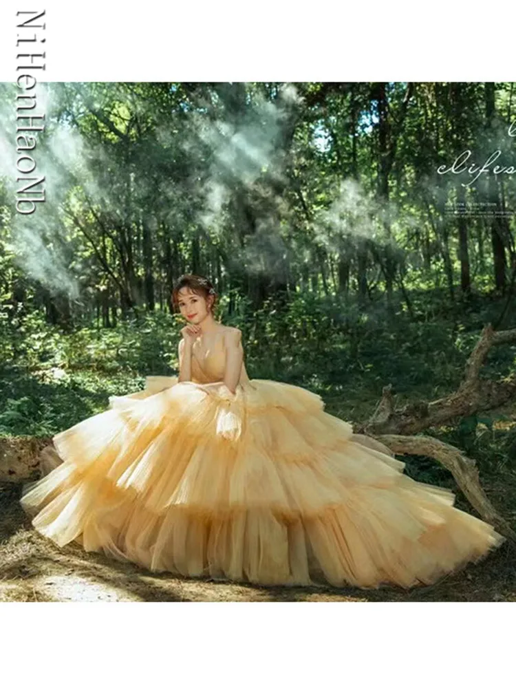 Vestidos De Quinceaneras Dress 2023 Fashion Lace Up  New Yellow Tulle Ball Gown Strapless Prom Dress Vestido De Debutante