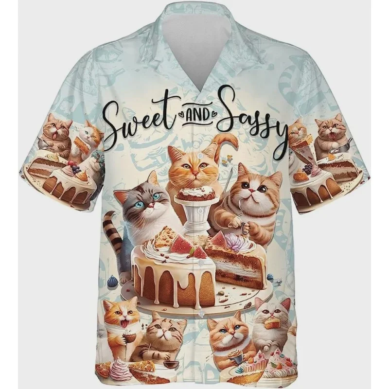

Cute Cat Cake Graphic Hawaiian Shirt For Men Fun Beer 3D Printed Short Sleeve Summer Loose Street Aloha Shirts Lapel Blouses