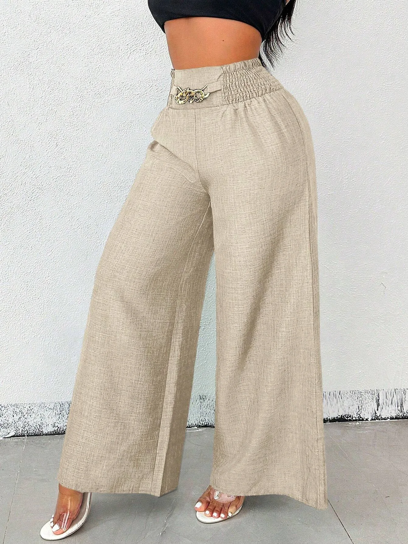 Women Loose Pants Casual Elastic Straight Wide Leg Trousers with Pockets for Work Office Streetwear