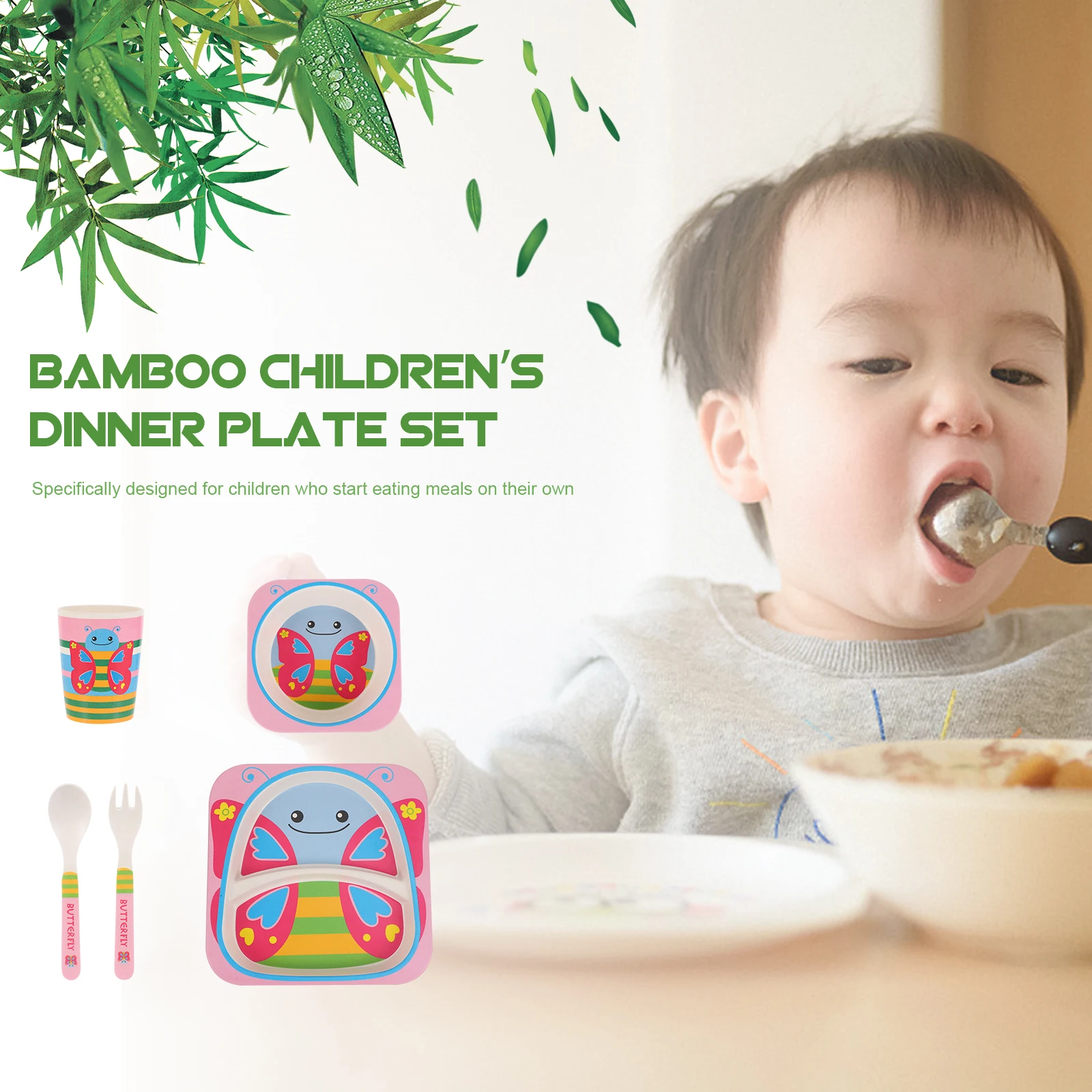 5 Pcs Cutlery Set Children's Toddler Bamboo Fiber Composite Baby Feeding Tableware