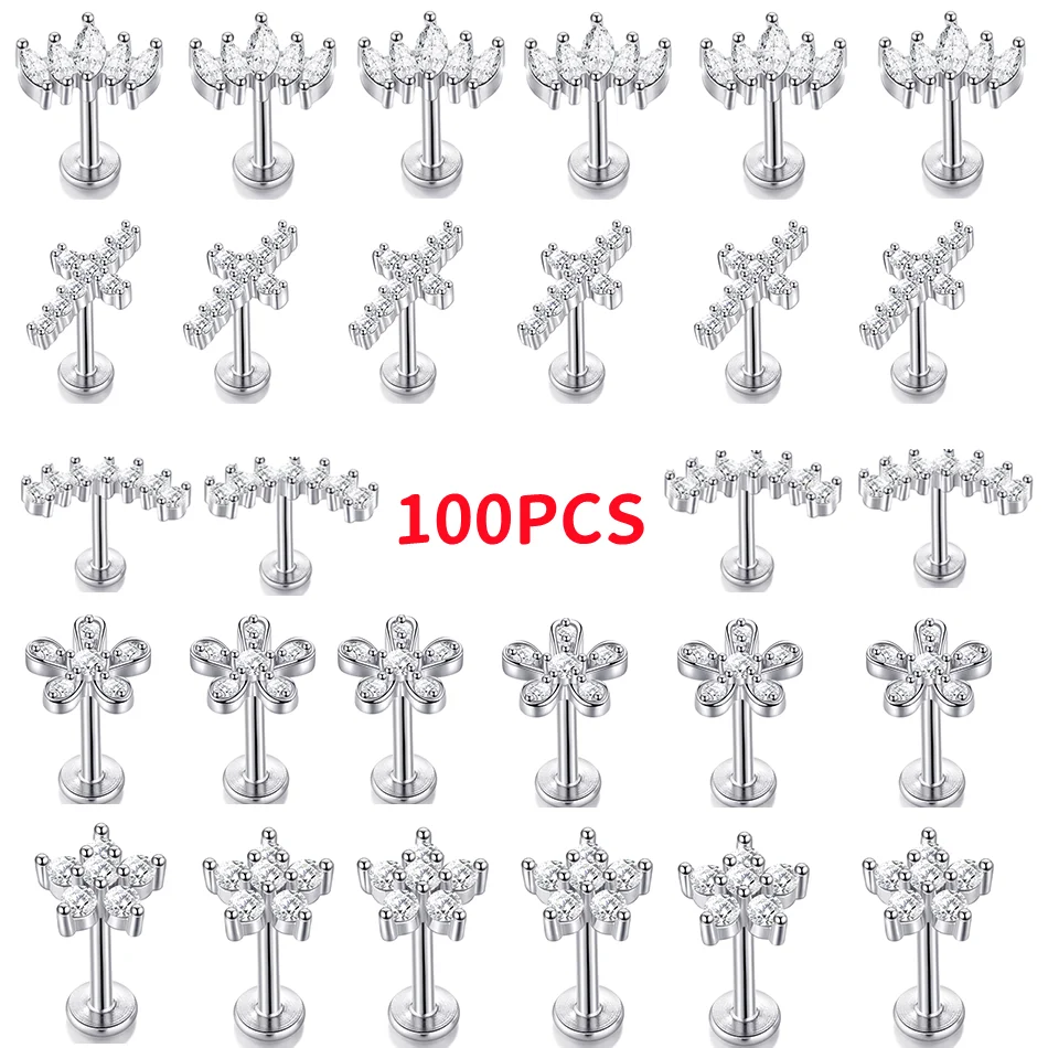 

50/100pcs Stainless Steel Cartilage Earrings Cross Flower Cubic Zirconia Labret Stud Women Tragus Helix Piercings Body Jewelry