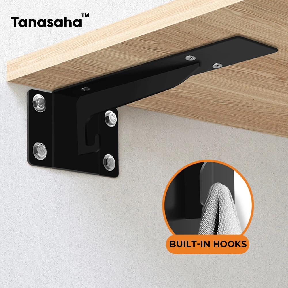 1/2/4PCS Floating Shelf Brackets with Hooks Wall Mount Invisible Book Desk Fixed Brackets Bathroom and Kitchen Storage Support