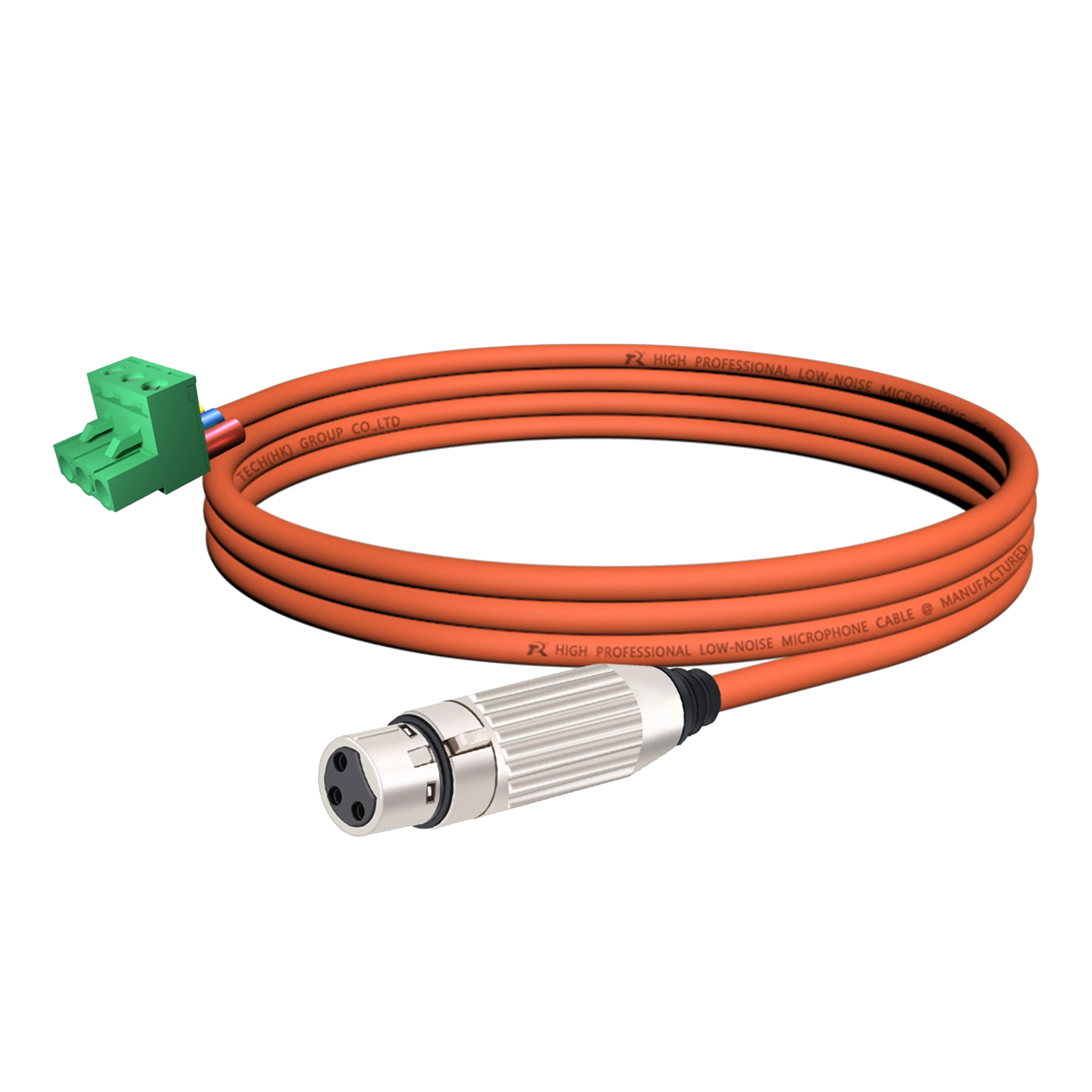 3-poliger Phoenix-Stecker, verbunden mit einem versilberten XLR 3-poligen Stecker, farbcodiertes Kabel, geeignet für professionelle Audiogeräte. – Detail 17