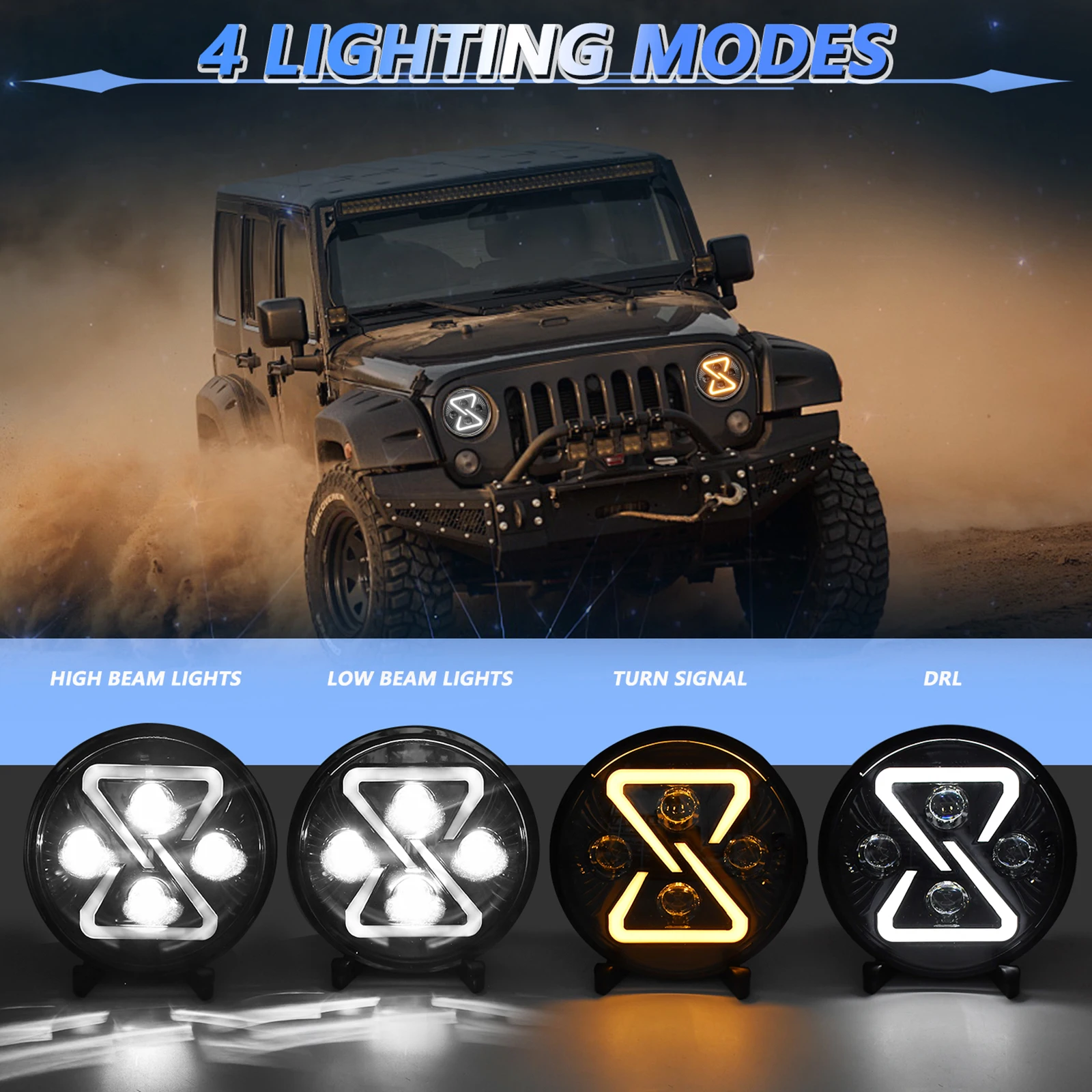 . 2 PCS 7 Inch Waterproof Round Car LED Headlights Motorcycle Headlamps - High Low Beam DRL Turn Signal Replacement for Jeep
