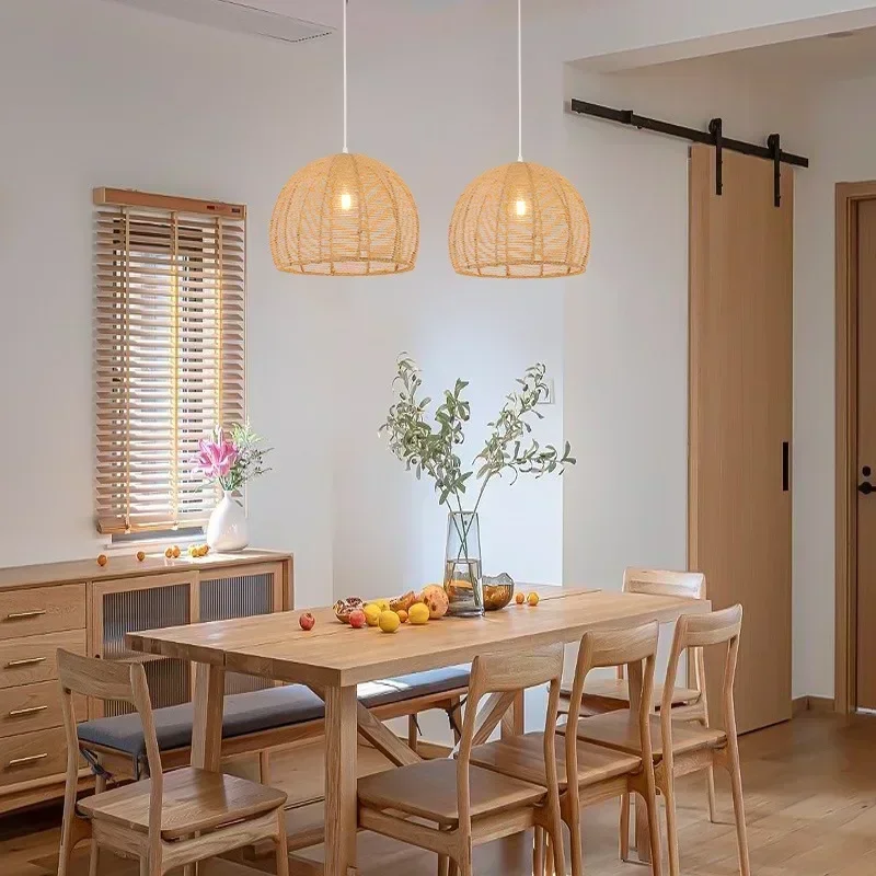 SANDYHA Retro Hemp Rope Chandeliers for Living Room Decoration Handmade Rattan LED Lamp Bedroom Dining Table Lighting Fixture