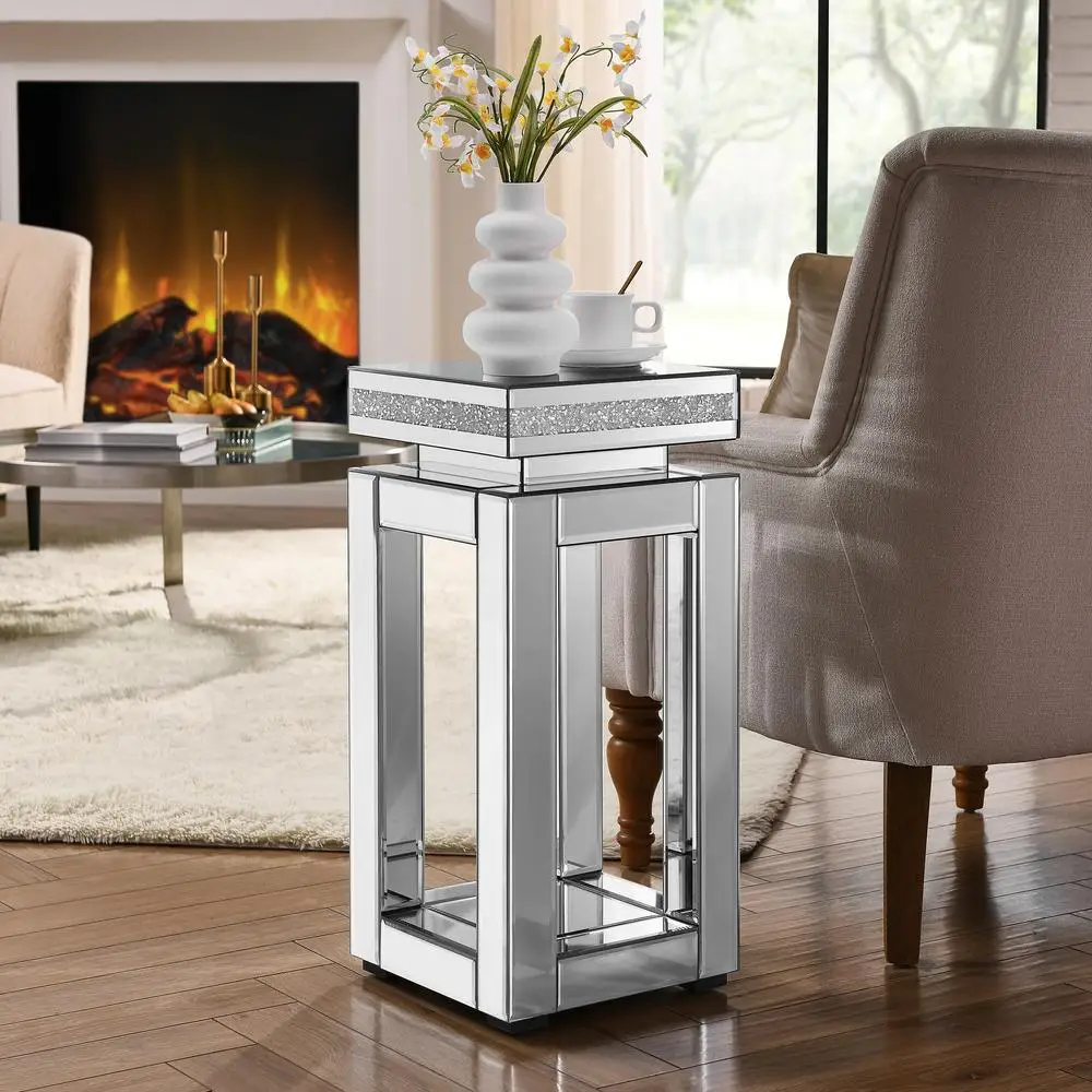 

Mirrored End Table Crystal Inlay 2-Tier Square Sofa Side Table Modern Silver Accent Storage 26"H