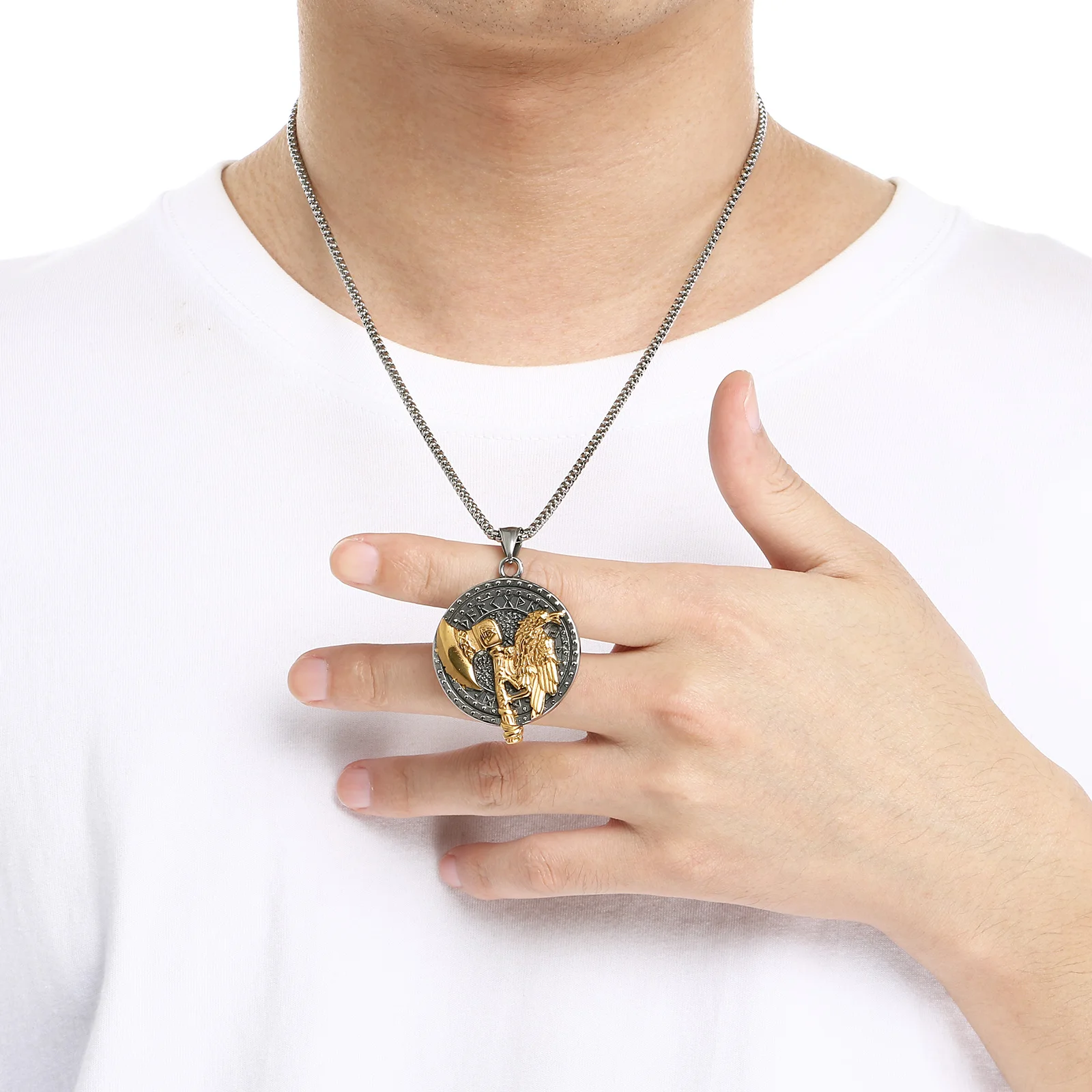 Fongten Men's Viking Twin Wolf Head Rune Raven Battle Axe Stainless Steel Pendant Necklace Gothic Halloween Gift Fashion Jewelry
