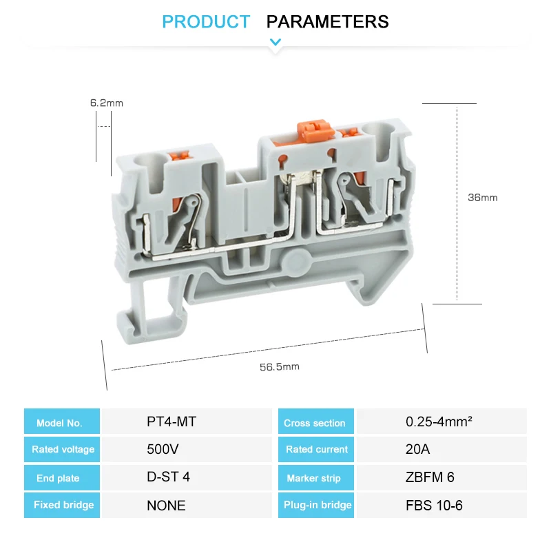 PT-4-MT Knife Disconnect Terminal Block Din Rail Mount PT4-MT 4mm Cable Push-in Insert Electric Wire Connector