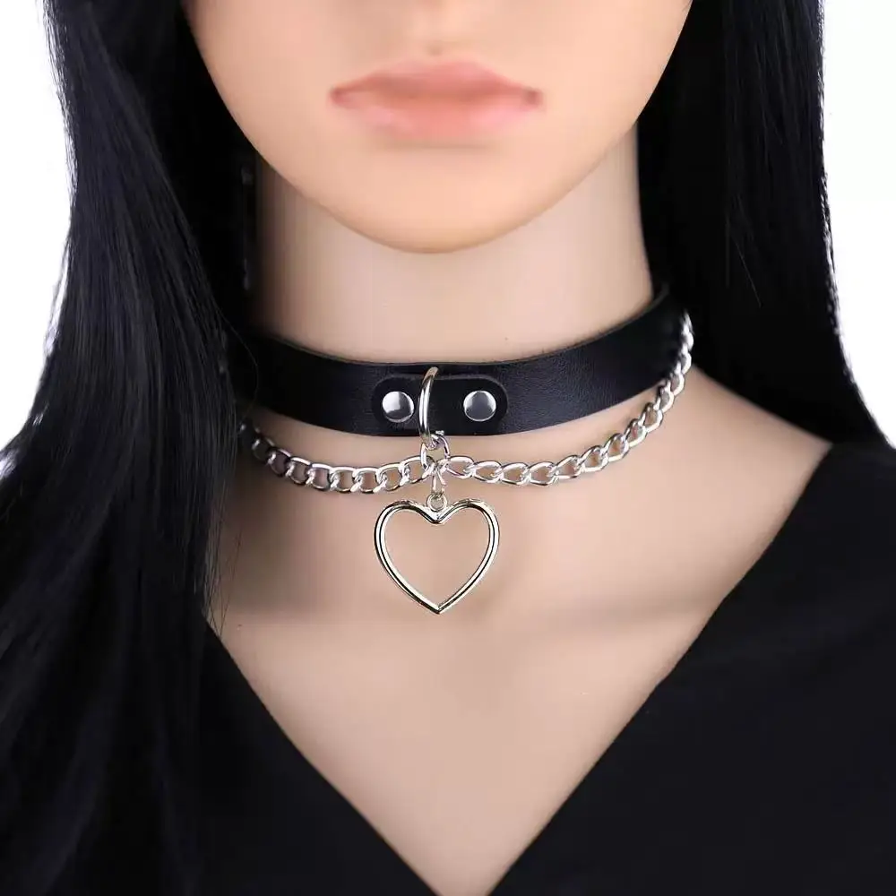 Punk Pu Leather Fashion Chain Heart-Shaped Collar Collarbone Necklace Classic Peach Pendant Necklace