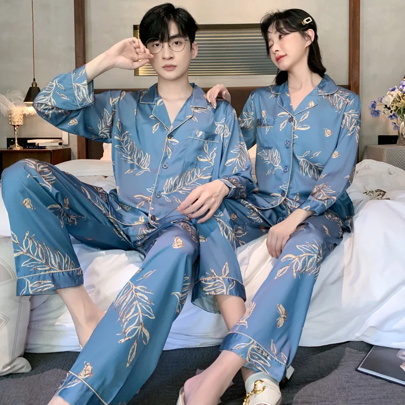 Women Pajama Set Silk Couple Pajamas Print Pyjamas Ice Silk Pijama pjs Sleepwear Long Sleeve Shirt Pants Homewear Loungewear