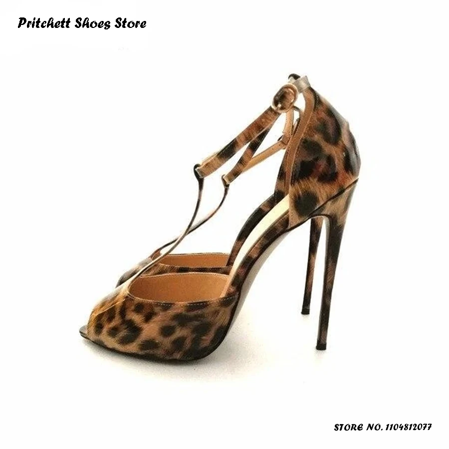Women's T-strap Leopard Sandals Sexy Peep Toe Thin Heels Party Dress Shoes Office Ladies Spring Summer Buckle Strap Stilettos