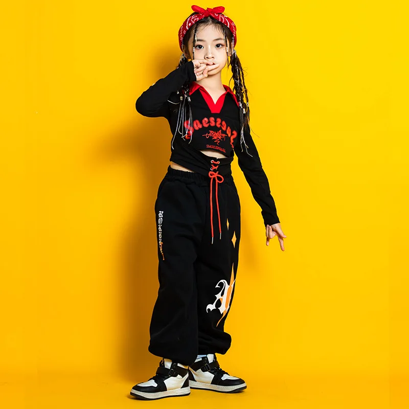 Vestiti da ballo Jazz per ragazze maniche lunghe top neri pantaloni per bambini Costume Hip Hop Kpop Stage Wear tuta da spettacolo di gruppo BL9845