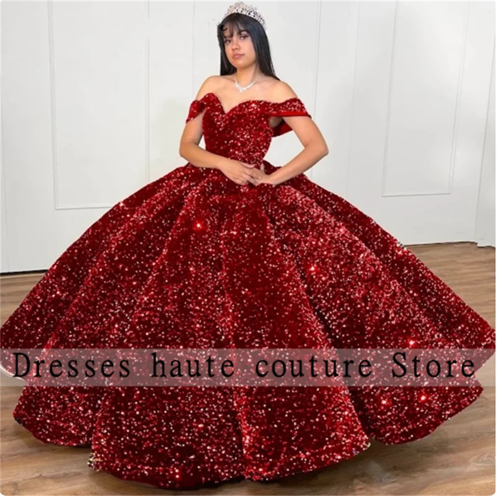 Sparkly Red Velvet Sequin Quinceanera Dresses Ball Gown 2024 Off Shoulder Birthday Lace Up Sweet 16 Dress vestido de quinceañera