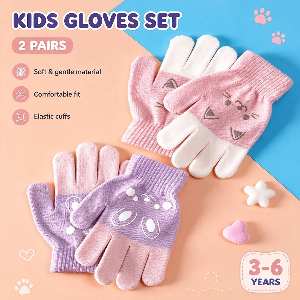 Soft Knitted Kids Gloves for Cold Weather Featuring Animal Cartoon Prints Elastic Cuff and Non-Slip Palm 10.5x7.2x3.8cm