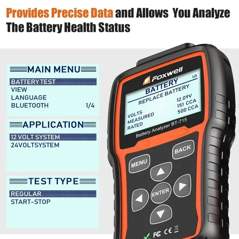 Тестер батареи Foxwell BT715 Plus, 12 В и 24 В, анализатор гелевой батареи AGM EFB, обновление цветного экрана для BT100 и BT705
