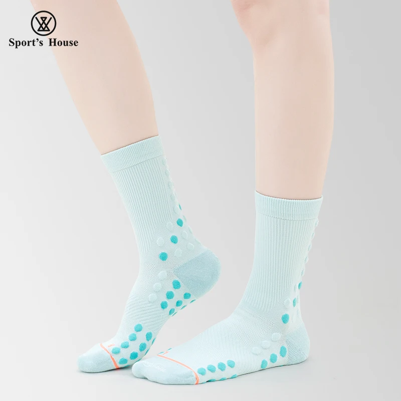 SPORT'S HOUSE Women's mid-tube running socks Towel bottom massage polka dot high elastic ribbed elastic band sports socks