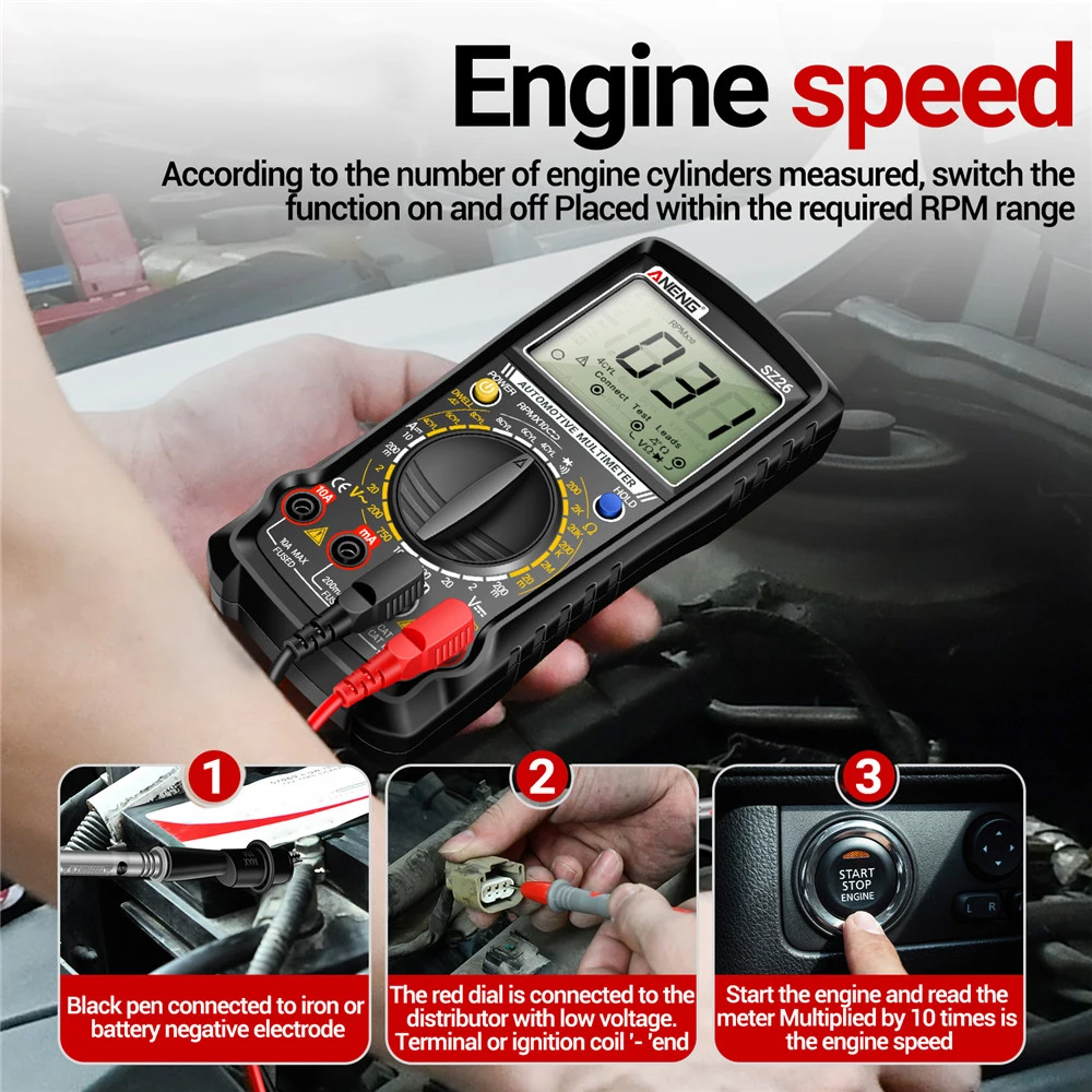 Car Digital Multimeter DWELL Angle of Closure Tester Engine Tachometer Voltage Current Resistance Meter Multifunction Multimeter