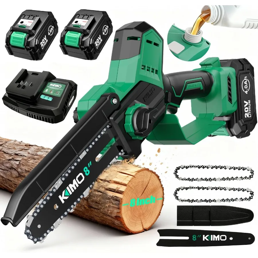 Mini motosierra inalámbrica de 8 pulgadas con 2 baterías de 4,0 Ah y cargador rápido Cadena eléctrica de mano de corte de alta potencia de 34 pies/s