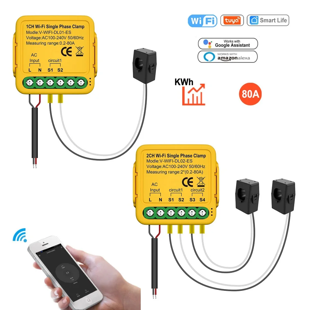 

Tuya Wifi Single-phase Energy Meter 80A with CT Clamp App Kwh Power Consumption Monitor Electricity Statistic 110- 240VAC 50/60H