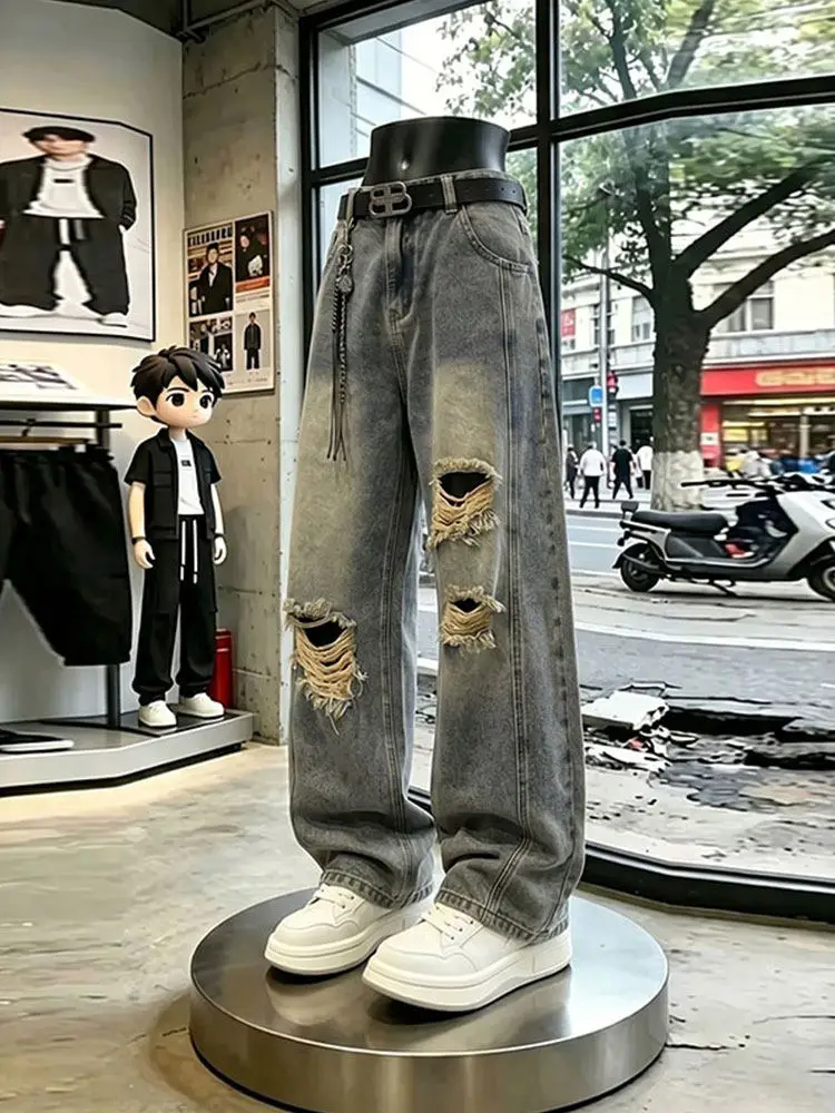 Retro Blue Washed Men's Jeans Spring Summer Straight Leg Micro Flared Pants Tear Hole Vintage Style Comfortable Breathable