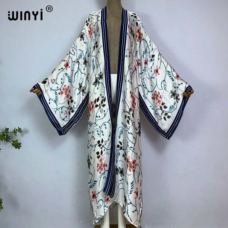 WINYI Kimono boho kobiety artystyczny nadruk sweter z długim rękawem luźna bluzka na co dzień okrycie plażowe vestidos para mujer kaftan