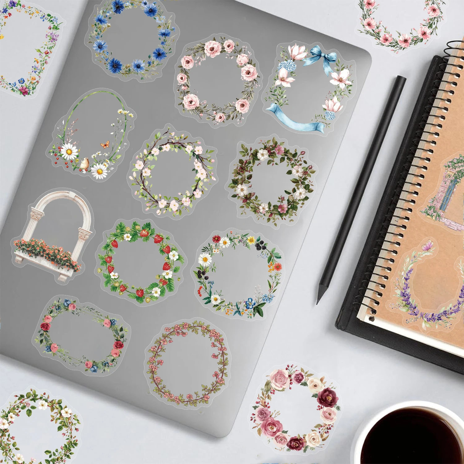 60PCS Vintage Floral Ledger Border Sticker Notebook Phone Skateboard Phone Gift Exquisite Living Room Guitar Supplies Decorative