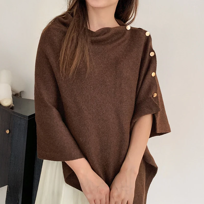 Women's Asymmetric Knit Poncho with Buttons Loose-fit Sweater Cape Shawl Top Ladies Office Autumn Winter Elegant Outfit