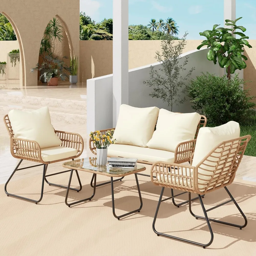 

4-piece outdoor terrace furniture set with cushions and tempered glass table, all-weather rattan bar tavern
