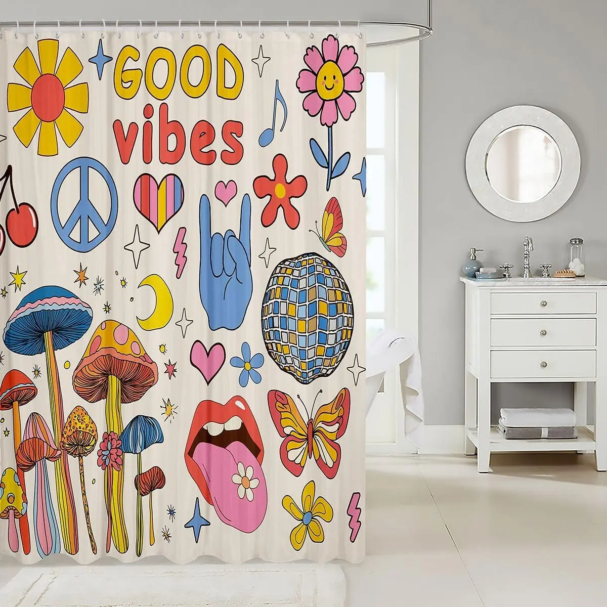 60s 70s Hippie Groovy Shower Curtain, Retro Mushroom Flower Power Pastoral Disco Waterproof Bathroom Decor Curtain With Hooks
