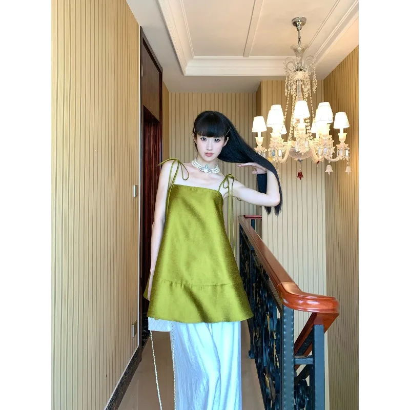 

Новый женский уличный высококачественный элегантный зеленый жилет трапециевидной формы без рукавов на шнуровке, легкие роскошные изысканные брюки длиной до пола