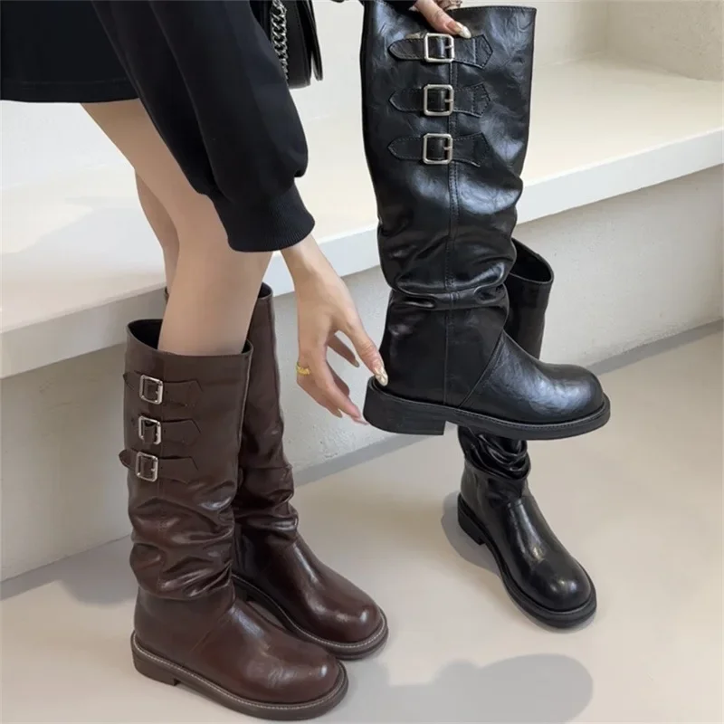 

Длинные рыцарские сапоги в стиле ретро с толстой подошвой, женская обувь, коричневые ботинки до середины икры, зимние сезонные женские ботинки на резиновой подошве