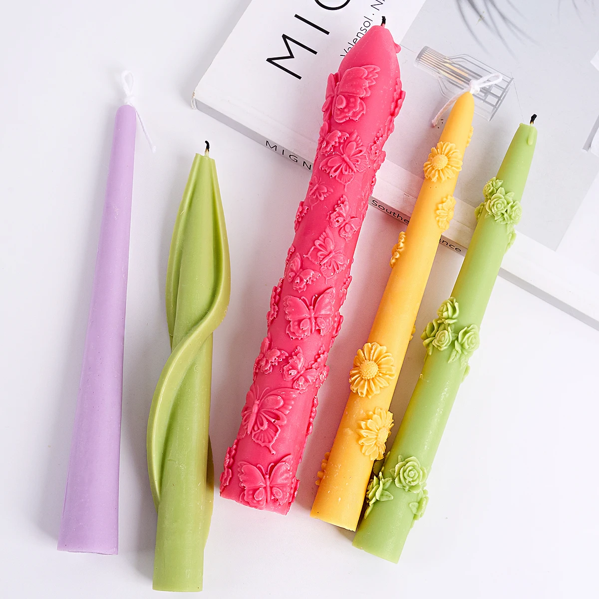 Embossed Pattern Silicone Candle Mold DIY Handmade Long Rods Flower Butterfly Twisted Stripes Candle Stick Resin Mold Home Decor
