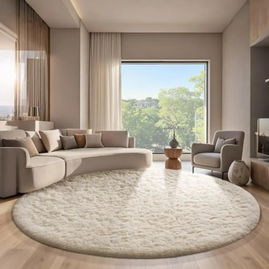

Round Rugs 7Ft Ivory Circle Area Rug Aesthetic Room Decor Fluffy Fuzzy Bedroom Carpet Plush Soft Shaggy Cream Living Room Rugs
