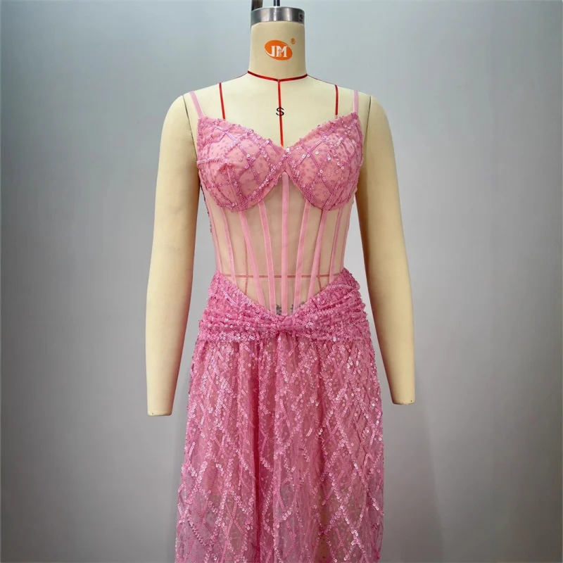 New Arrival Sequin Quilted Embroidery Pink Sheer Mesh Puffy Long Dress Elegant Party Wedding Gown
