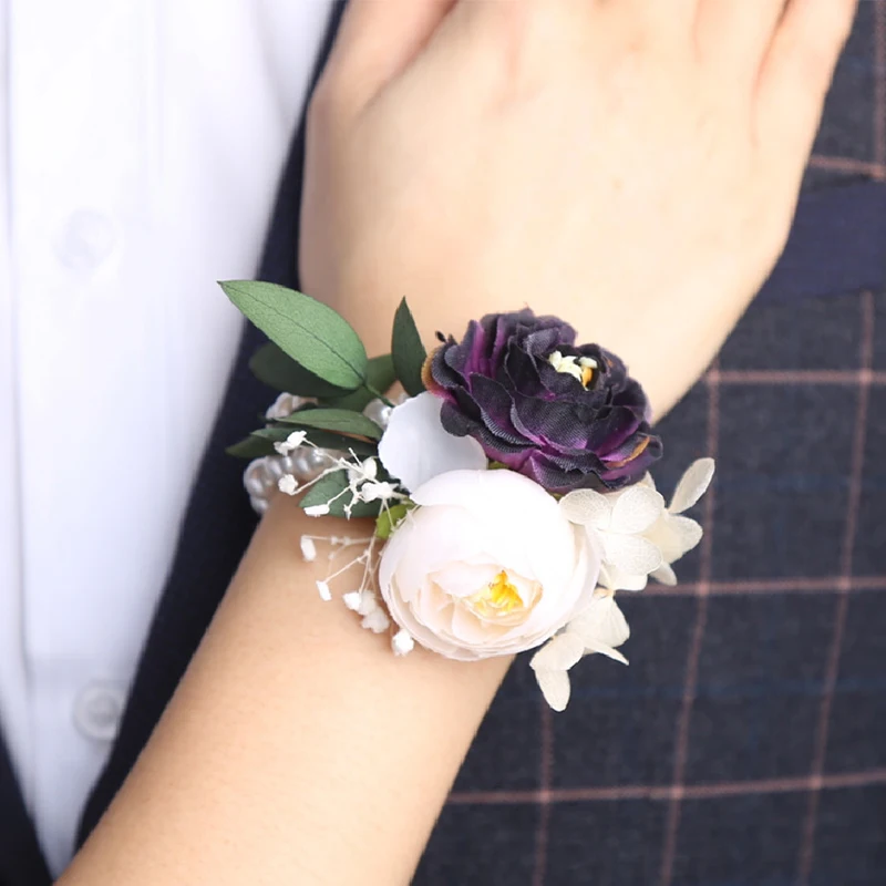 Artificial Rose Wrist Flowers Corsage Pearl Bracelet Brooch Wedding Party Bridal Bridesmaids Accessories Photography Props