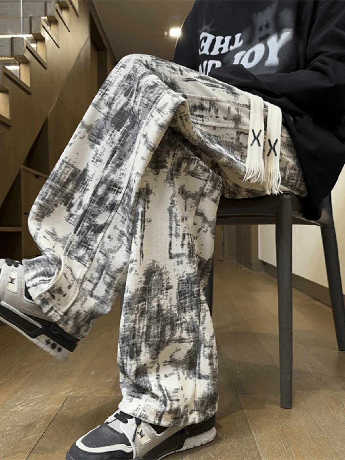 Autumn Winter Fleece Lined American High Street Casual Pants Men Loose Trendy Straight Leg Dyeing Flowing Long Pants