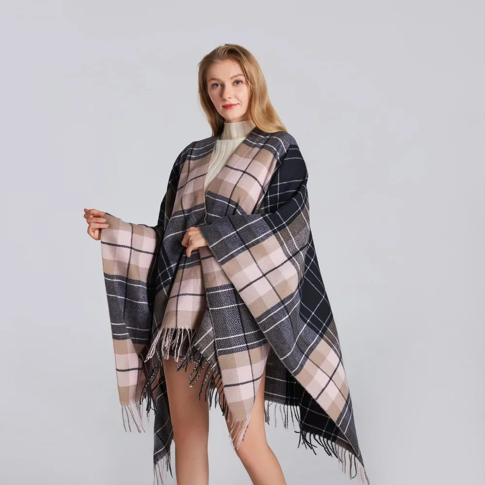 Women's Reversible Faux Cashmere Poncho Classic Scotland Plaid Shawl Cardigan Tassel Open Front Cape Wrap Scarf Thickening
