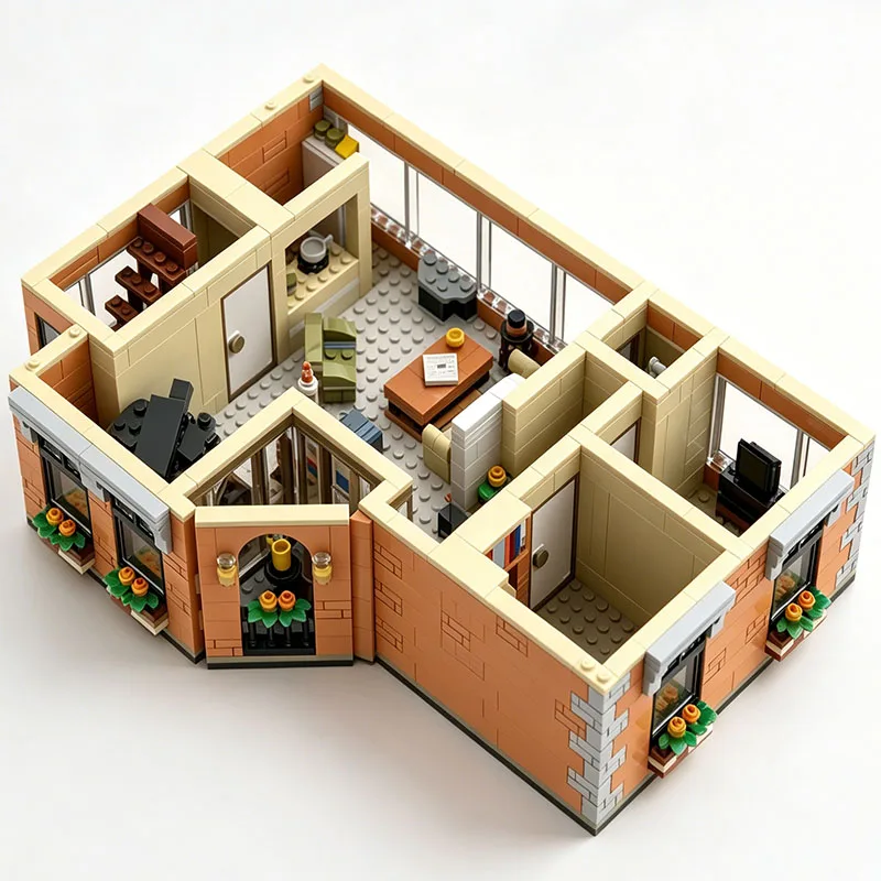 Open-plan apartment building blocks, multi-room interior scene small particle building block set, creative street scene assembly