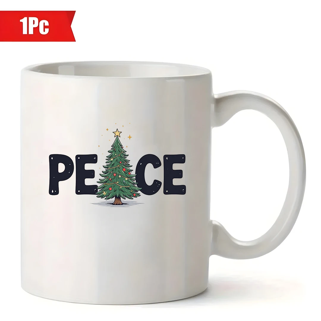 Taza de 11oz + patrón de nubes de árbol de Navidad + decoración de letras de PEACE, regalo de Navidad, taza de agua para niños, taza de café para oficina familiar